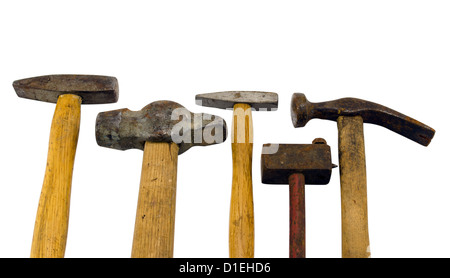 Différents outils marteaux collection isolé sur fond blanc Banque D'Images