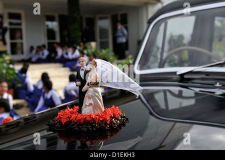 Un modèle mariée et le marié sur le capot de la voiture de Humber dans laquelle le Couple Royal quitteront leur mariage. Tonga Banque D'Images