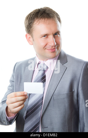 Portrait of handsome man avec carte vierge isolé sur fond blanc, Studio shot Banque D'Images