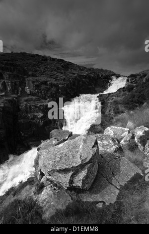 Image panoramique en noir et blanc, museau chaudron cascade, fleuve Tees, Maison du Maure National Nature Reserve, Durham, Teesdale Banque D'Images