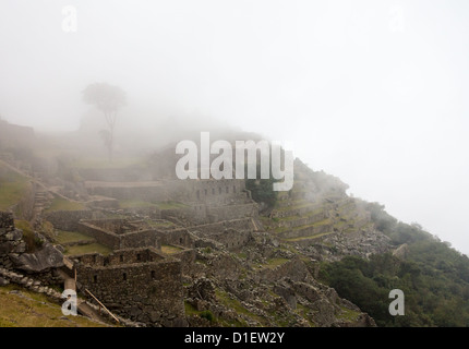 Matin vue sur le Machu Picchu comme brume efface de la montagne Banque D'Images