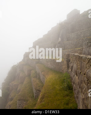 Matin vue sur le Machu Picchu comme brume efface depuis les terrasses Banque D'Images