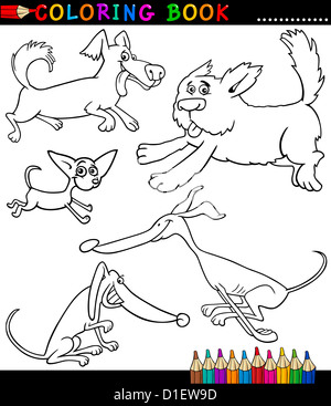 Livre de coloriage ou une page à colorier dessin noir et blanc Illustration de chiens ou chiots ludique Drôle Banque D'Images