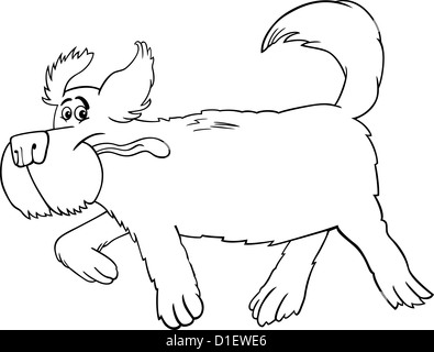 Illustration Cartoon noir et blanc de Funny exécutant Shaggy Sheepdog Dog for Coloring Book Banque D'Images