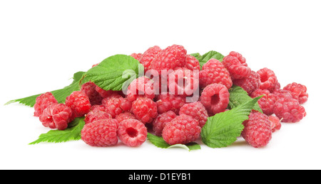 Framboise fraîche avec feuille verte sur fond blanc Banque D'Images