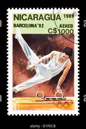 Timbre-poste du Nicaragua représentant un gymnaste sur un cheval d'arçon, émis pour le Jeux Olympiques de Barcelone en 1992. Banque D'Images