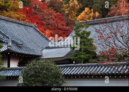 Toits de tuiles en argile traditionnelle et feuillage d'automne coloré dans les jardins du temple de Nanzen-ji Hojo, Nanzen-ji, Kyoto, Japon Banque D'Images