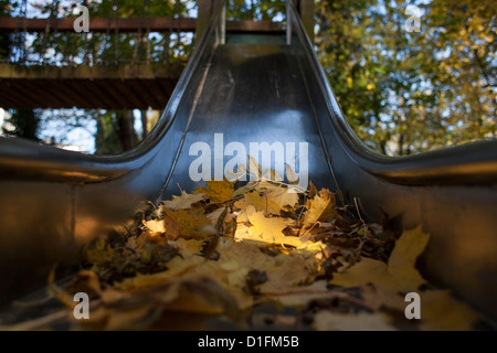 Une diapositive sur une aire d'automne, couvert de feuilles d'érable tombé Banque D'Images