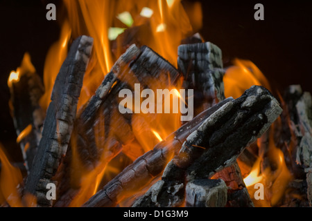 Milieu d'un feu de bois avec des flammes et des braises rougeoyantes, gros plan Banque D'Images