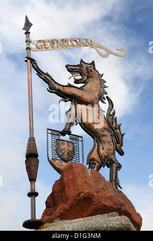 Sculpture représentant la Bête du Gévaudan, Aumont Aubrac, Aubrac, Lozère, France, Europe Banque D'Images