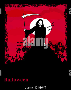 Grim Reaper avec signe d'Halloween - vector illustration. Banque D'Images