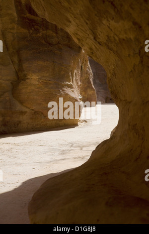 La lumière met en évidence le chemin à travers le siq à l'ancienne ville, Petra, Jordanie. Banque D'Images