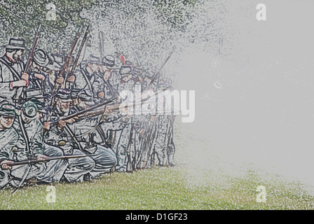 PORT GAMBLE, WA - JUN 20 : guerre civile reenactors participer à une bataille simulée. Ligne d'infanterie de l'Union européenne en tirant une salve. Banque D'Images