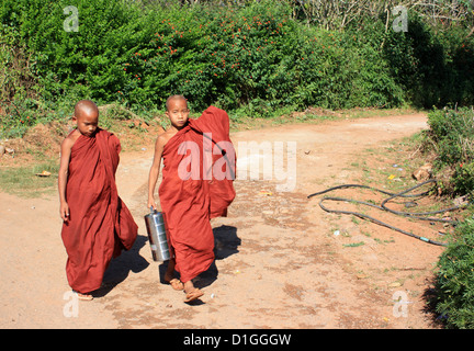 Deux jeunes moines à pied avec les boîtes boîtes sur leur façon de recueillir les dons de nourriture dans le village de Kalaw, Shan State, Myanmar, 30 décembre 2012. Le sommet du mont Popa accueille le temple bouddhiste de Tuyin Taung. Photo : Rolf Zimmermann Banque D'Images