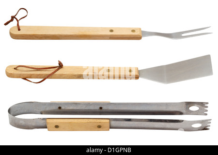 Ensemble d'outils barbecue utilisé isolated over white background Banque D'Images