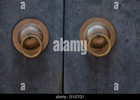 Deux ouvreurs de porte en laiton sur une porte bleu acier Banque D'Images