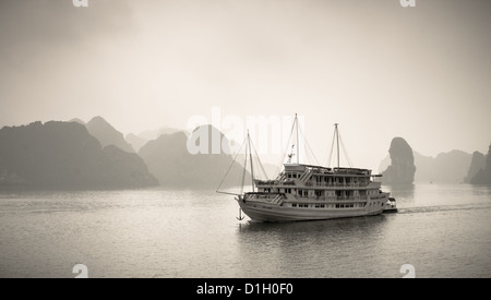 Image en noir et blanc d'un bateau sur la baie d'Halong au Vietnam Asie Banque D'Images
