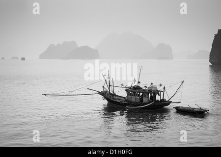 Image en noir et blanc d'un bateau sur la baie d'Halong au Vietnam Asie Banque D'Images