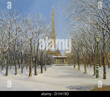 Une peinture à l'huile sur toile de l'hiver neige scène à Paris avec la Tour Eiffel à l'arrière-plan du paysage. Banque D'Images