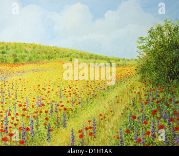 Une peinture à l'huile sur toile d'un champ dynamique avec des fleurs sauvages comme les coquelicots au printemps colza et jacinthe d'eau dans une journée ensoleillée. Banque D'Images