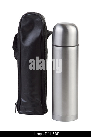 Hot and cool thermos conteneur liquide chrome isolated on white Banque D'Images