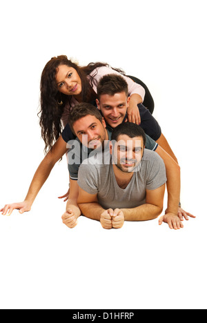 Happy friends située au-dessus de chaque autre isolé sur fond blanc Banque D'Images