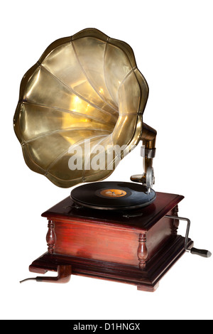 Gramophone Vintage et tuyau isolé sur blanc. Banque D'Images