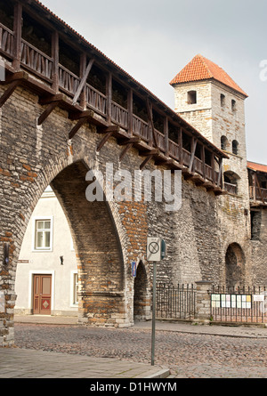 La porte de la vieille ville et les remparts de la ville sur la rue Kloostri Suur à Tallinn, capitale de l'Estonie. Banque D'Images