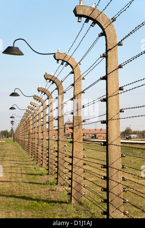 De barbelés électrifiés, l'escrime à la musée de l'ancien d'Auschwitz II-Birkenau camp de concentration en Pologne du sud. Banque D'Images