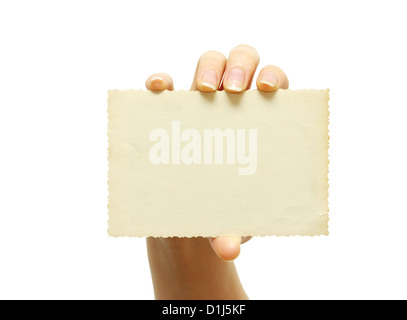 Card blank in a hand on white Banque D'Images