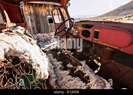 Pick up truck abandonnés dans la ville fantôme de rhyolite, NV. Banque D'Images