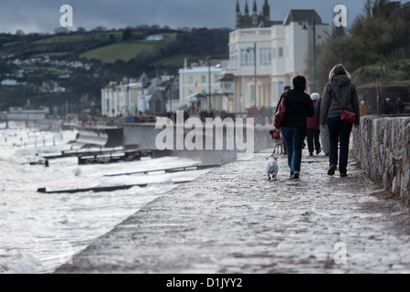 Teignmouth, Devon, Angleterre. 24 décembre 2012. Deux femmes et un chien en promenade le long de la digue, la veille de Noël. Banque D'Images