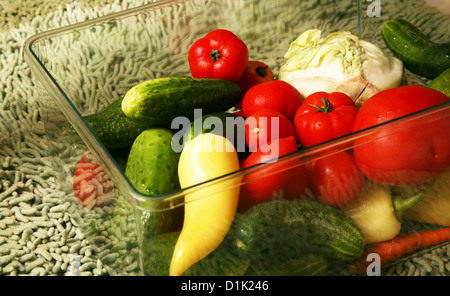 Légumes au choix dans une boîte en plastique sur fond vert. Banque D'Images