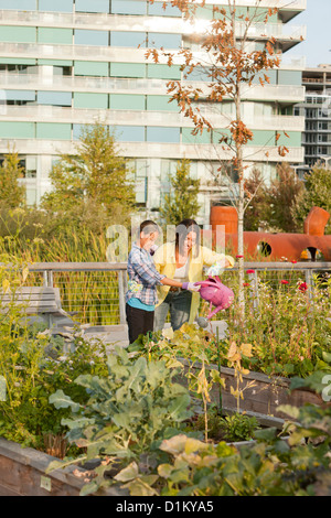 Japanese mother and daughter gardening together Banque D'Images