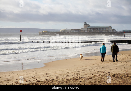 Mature couple walking dog le long de la plage de Bournemouth vers la jetée de Bournemouth, le jour de Noël Banque D'Images