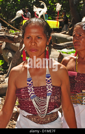 L'INDONÉSIE, Flores, Larantuka, Kawaliwu Village, femme en costume traditionnel, partie de bienvenue au village pour les touristes Banque D'Images