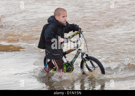 Hereford, Royaume-Uni. 30 décembre 2012. Un jeune garçon pousse son vélo dans l'eau d'inondation. Les familles prennent le meilleur de l'inondé le roi George V Terrain de jeux dans la région de Hereford. Les sections locales disent que le niveau des crues sont parmi les plus élevés qu'ils ont vu cette année. Les dérivations sont en place sur les routes entre Hereford et Brecon. Photo de Graham M. Lawrence/Alamy Live News Banque D'Images