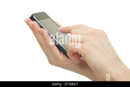 Main tenant le téléphone mobile à l'écran vide Banque D'Images