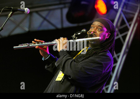 Groupe de jazz contemporain effectue à Stockholm Jazz Festival. Le chef est Courtney Pine, multi-instrumentiste britannique. Banque D'Images