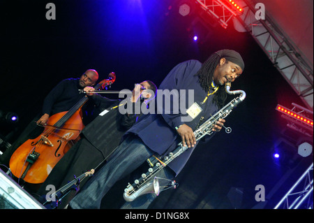 Groupe de jazz contemporain effectue à Stockholm Jazz Festival. Le chef est Courtney Pine, multi-instrumentiste britannique. Banque D'Images