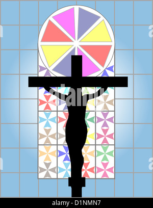 Jésus Christ Croix sur le mur de Cristal coloré à Temple Banque D'Images