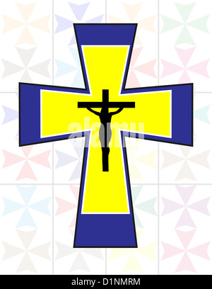 Croix multicolore noir avec croix de Jésus sur le mur de cristal de couleur de transparence Banque D'Images