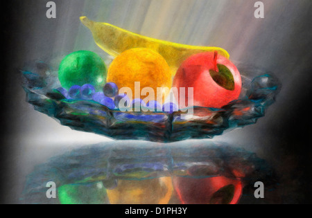 Unique, belle illustration du verre les fruits dans un bol en verre éclairé par le bas sur une surface de verre. Banque D'Images