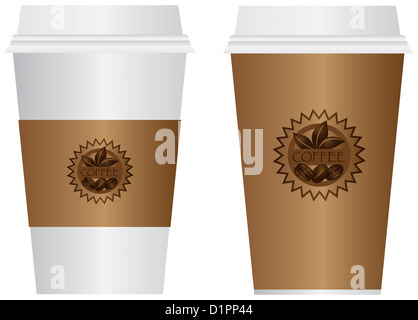 Café chaud pour aller jetables tasses avec couvercle et l'étiquette Manchon isolé sur fond blanc Illustration Banque D'Images