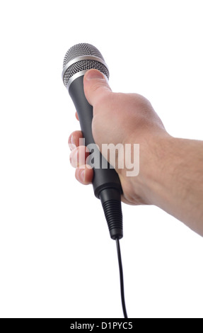 Avec microphone à main isolé sur fond blanc Banque D'Images