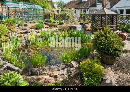 Bassin de jardin paysagers dans le soleil du printemps, UK Banque D'Images
