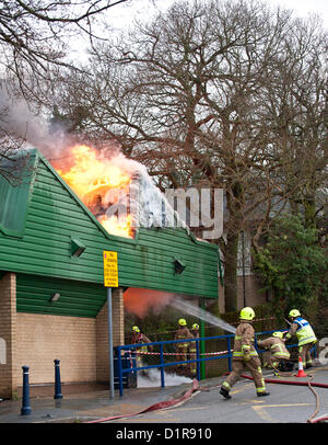 Laindon, Basildon, Essex, 3 janvier 2013. Quatre boutiques dans un défilé appelé le triangle des magasins ont été détruits dans un incendie que l'on croyait avoir été causé par une défaillance électrique dans un évent. Le poisson et chip shop, les Chinois à emporter, les coiffeurs et les McColl dépanneur ont été totalement détruits. Quatre pompes de la Essex Fire Service abordé le brasier. On croit que personne n'a été blessé. Banque D'Images