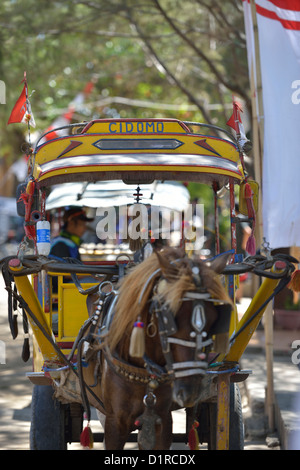 Les calèches sont appelés 'cidomo' et sont le seul moyen de transport dans l'île de corail de Gili Trawangan, Lombok. Banque D'Images