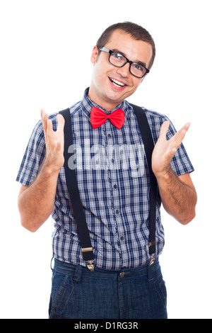 Portrait of happy geek man gesturing, isolé sur fond blanc. Banque D'Images