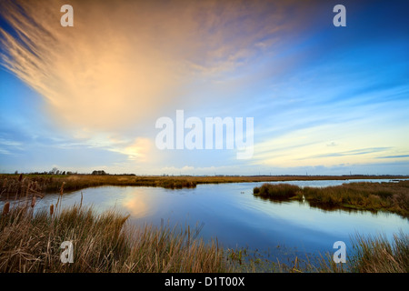 Beau ciel sur le lac avant le coucher du soleil dans la région de Drenthe Banque D'Images